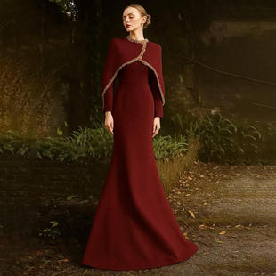 纯色连衣裙棉涤 收腰长裙礼服2025冬季 新款 复古风披肩低露保守长袖