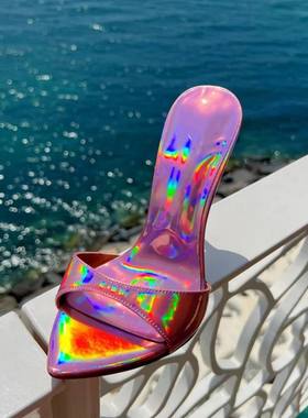 新款头时装凉鞋 尖头紫色金属炫彩细跟走秀女鞋高跟鞋sandals