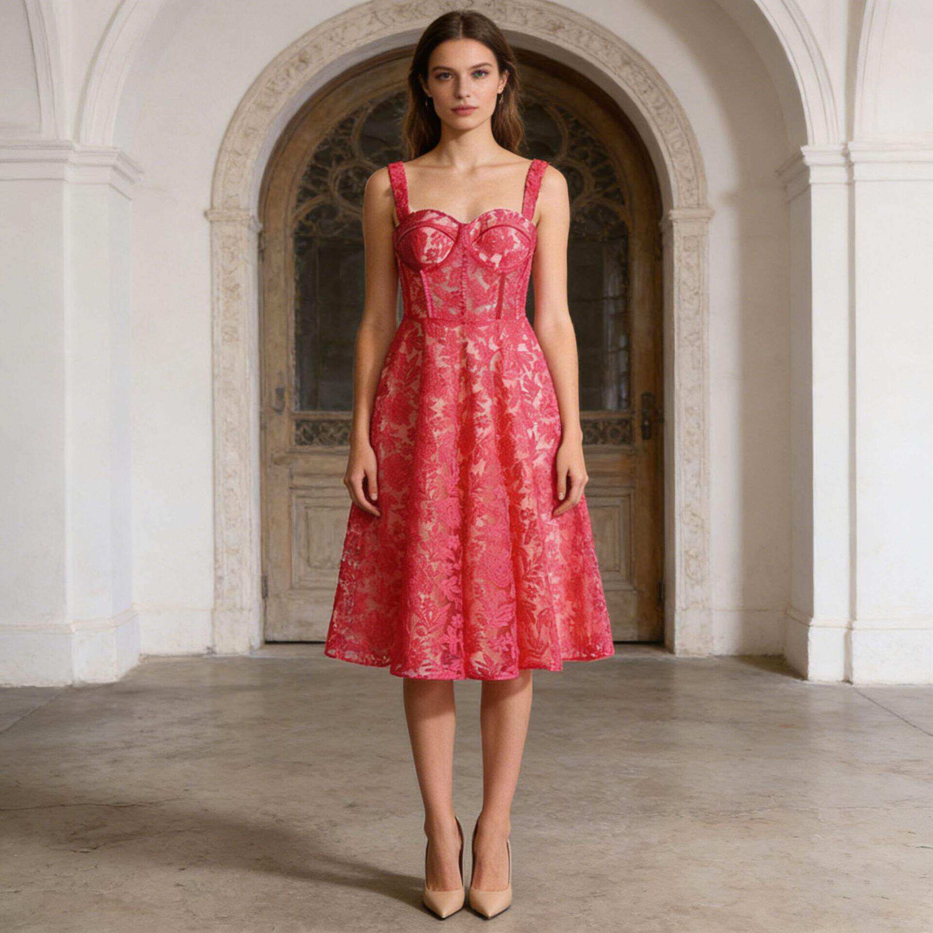 2026春时尚性感网纱刺绣设计感鱼骨收腰显瘦蕾丝吊带连衣裙女高腰