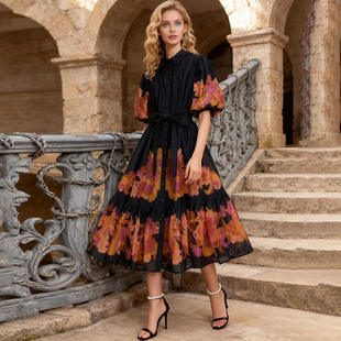 甜美风色系印花收腰泡泡袖长裙2025秋季翻领款花卉连衣裙女裙棉涤