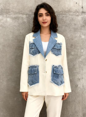 新款 2025秋季小众设计感时尚气质牛仔拼接宽松米色西装DJA203159