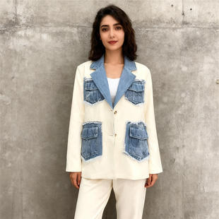 气质牛仔拼接宽松米色西装 小众设计感时尚 DJA203159 2025秋季 新款