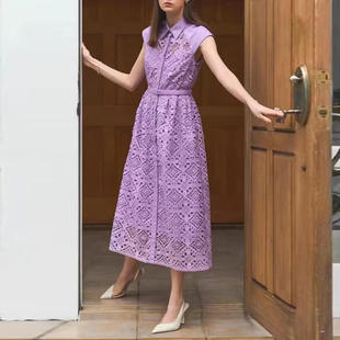 连衣裙中腰 女式 波西米亚简约风2025秋季 翻领重工收腰刺绣镂空长款