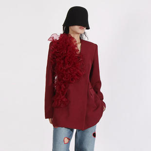 西装 复古立体荷叶边修身 外套女潮 安哥拉红高级感西服2025秋季 新款