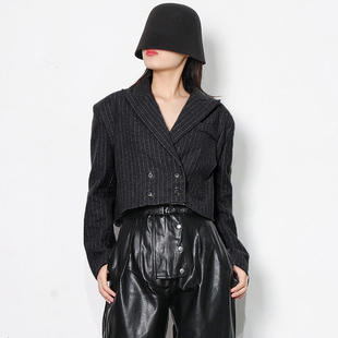 韩版 条纹双排扣短款 休闲小2025秋季 领长袖 西服短外套单件 西装 新款