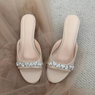 X775 绝美圆头水钻露趾凉2025夏季 仙女风百搭配裙子细高跟拖鞋