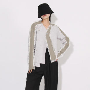 高级感不规则拼接撞色毛边西装 新款 时尚 风2025秋季 女 欧美潮流个性