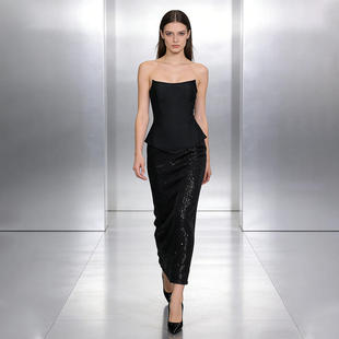 性感2025黑纱亮片抹胸收腰上衣飘带+包臀半身裙套装 礼服时尚套装