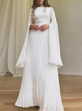 法式宫廷风超长袖复古舞会礼服长裙2025秋季收腰百褶连衣裙女中腰