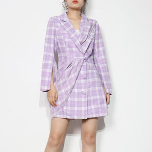 格纹印花西小装 清新t甜美2025秋季 小众设计女式 领长袖 连衣裙 西装