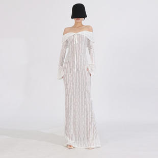 长裙2025秋季优雅性感纯色高腰蕾丝镂空连衣裙女KDR514314n喇叭袖