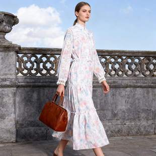 套装 女时尚 仙女长裙气质复古碎花收腰立领大摆裙子套装 2025秋季