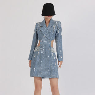 短裙女连衣裙单件 重工钉珠露腰设计西装 欧美名媛气质2025秋季 时尚