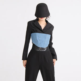 牛仔拼接西装 百搭高级感短款 外套女街头潮人纯色 气质时尚 2025秋季