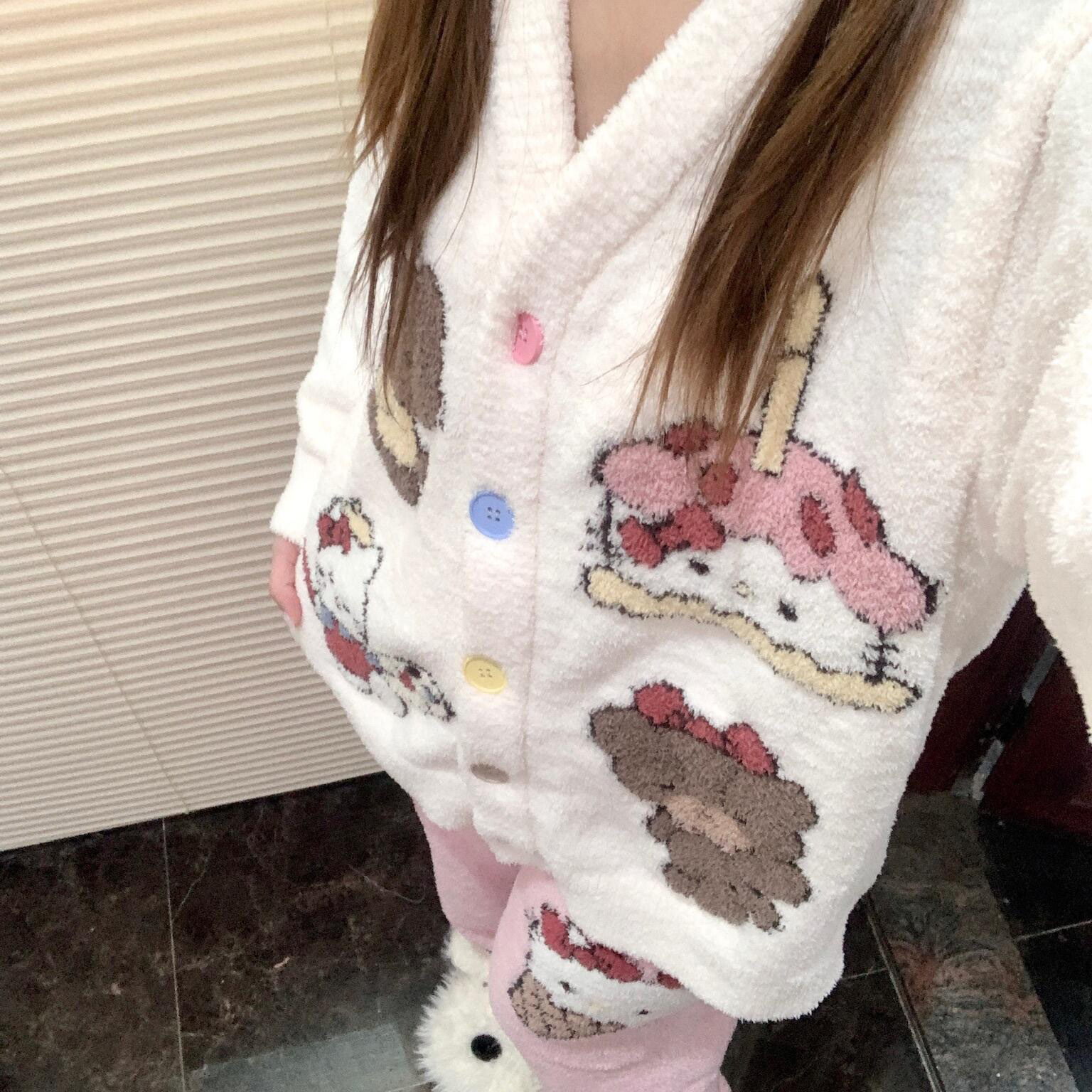 侘町2025秋冬新款蛋糕小猫开衫软绵绵睡衣女半边绒加厚保暖家居服