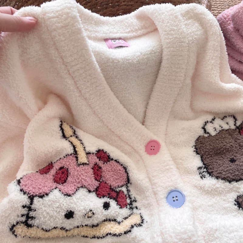 侘町秋冬睡衣女2025新款开衫半边绒保暖蛋糕小猫卡通可外穿家居服