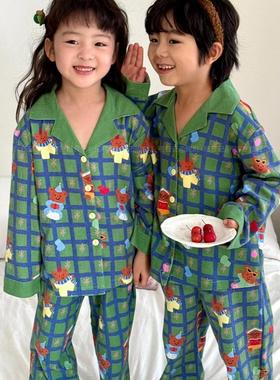 【台湾EH】春秋新款圣诞绿色格纹纯棉儿童睡衣男女长袖家居服套装