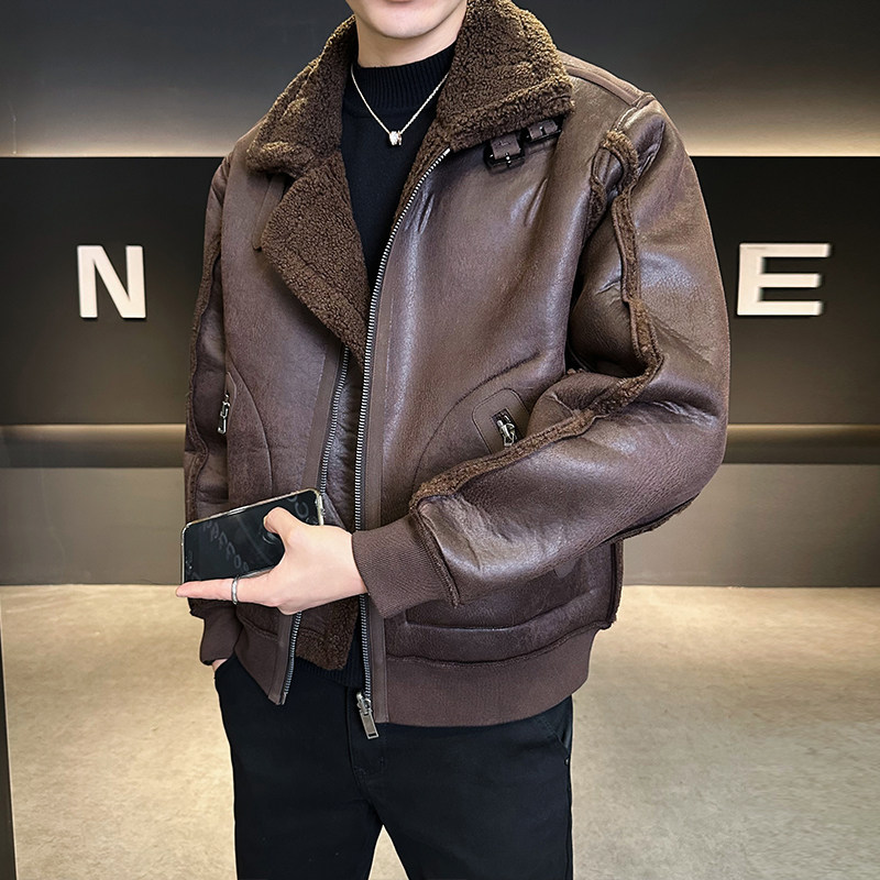 皮毛一体外滩男装2025新款休闲时尚加绒皮衣夹克男B320-3511-P225,男装夹克,电商B320