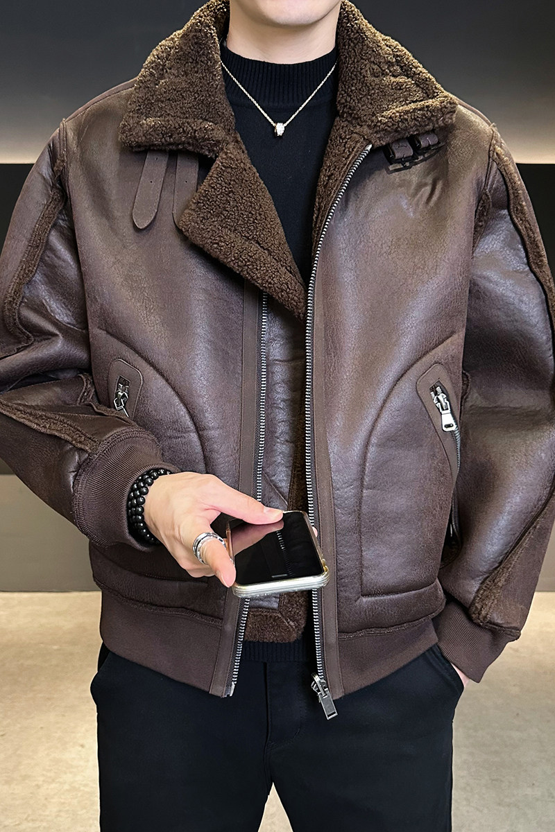 皮毛一体外滩男装2025新款休闲时尚加绒皮衣夹克男B320-3511-P225,男装夹克,电商B320