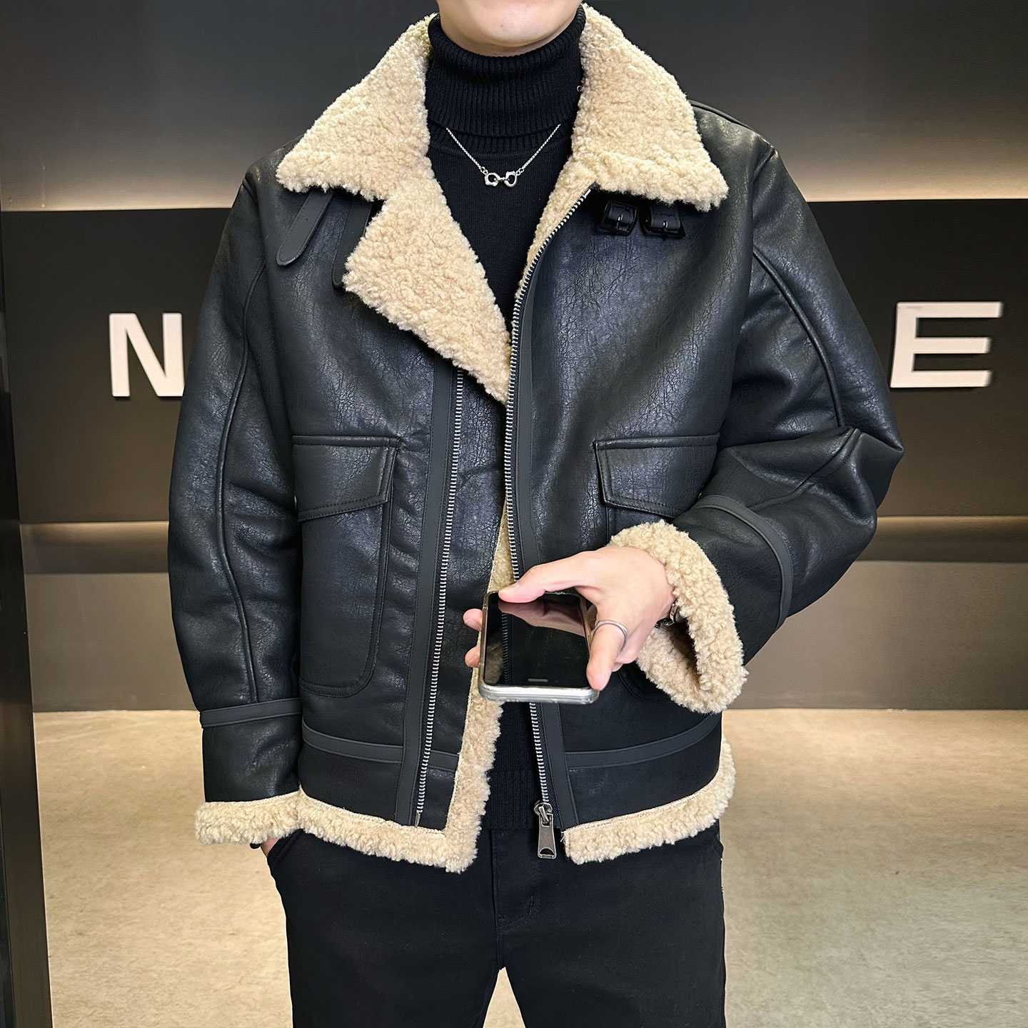 冬季皮毛一体外套男士2025新款休闲加绒皮夹克男装B320-2516-P230,男装夹克,电商B320