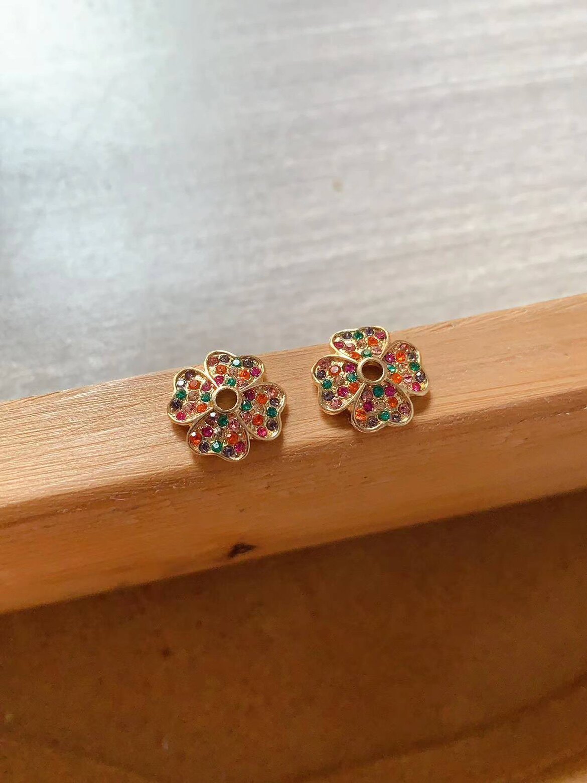文玩玉米花托18k镀金镶钻四叶草彩钻花帽diy手作配件饰品