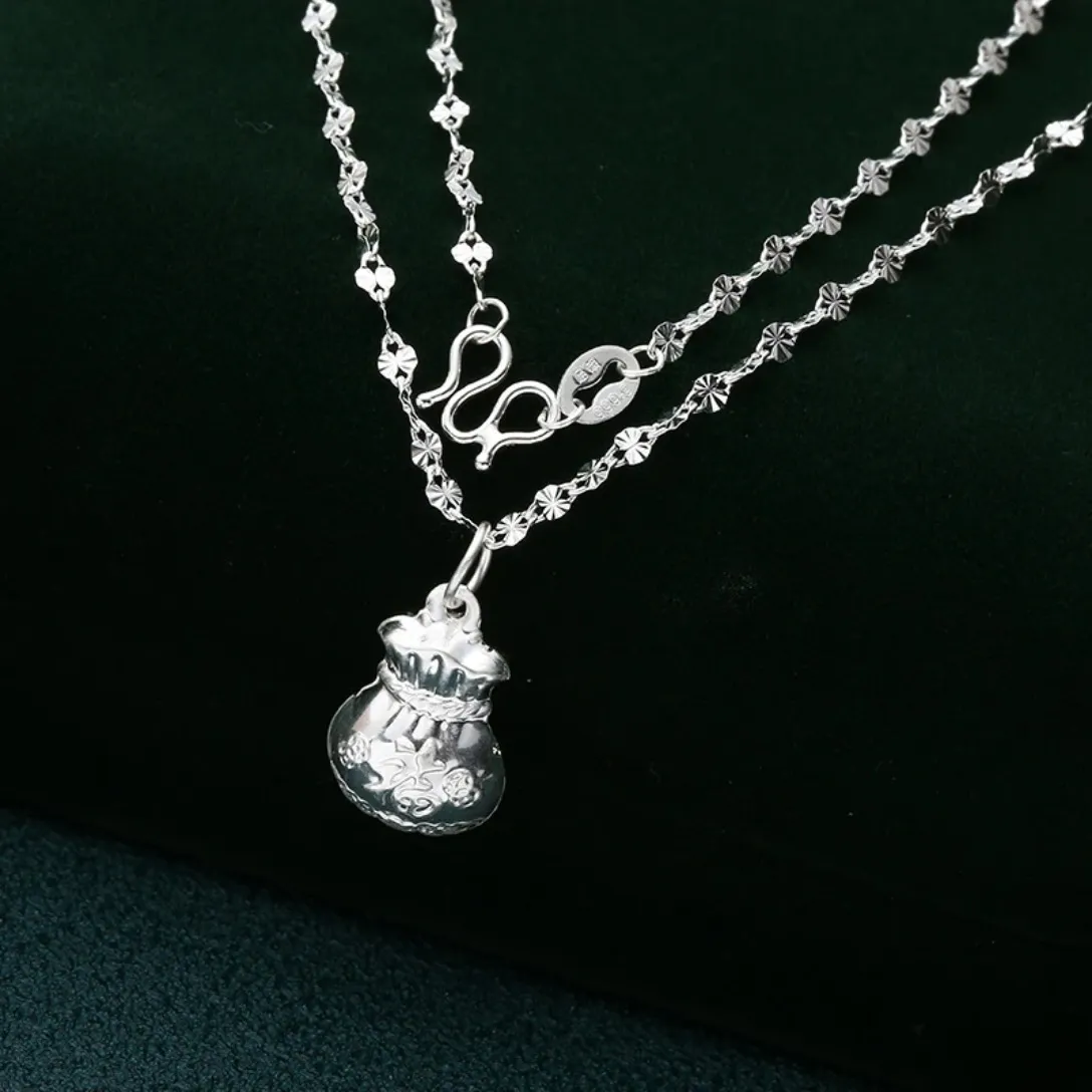 足银999.9雪花链送福字钱袋吊坠百搭素款项链民族风直播爆款