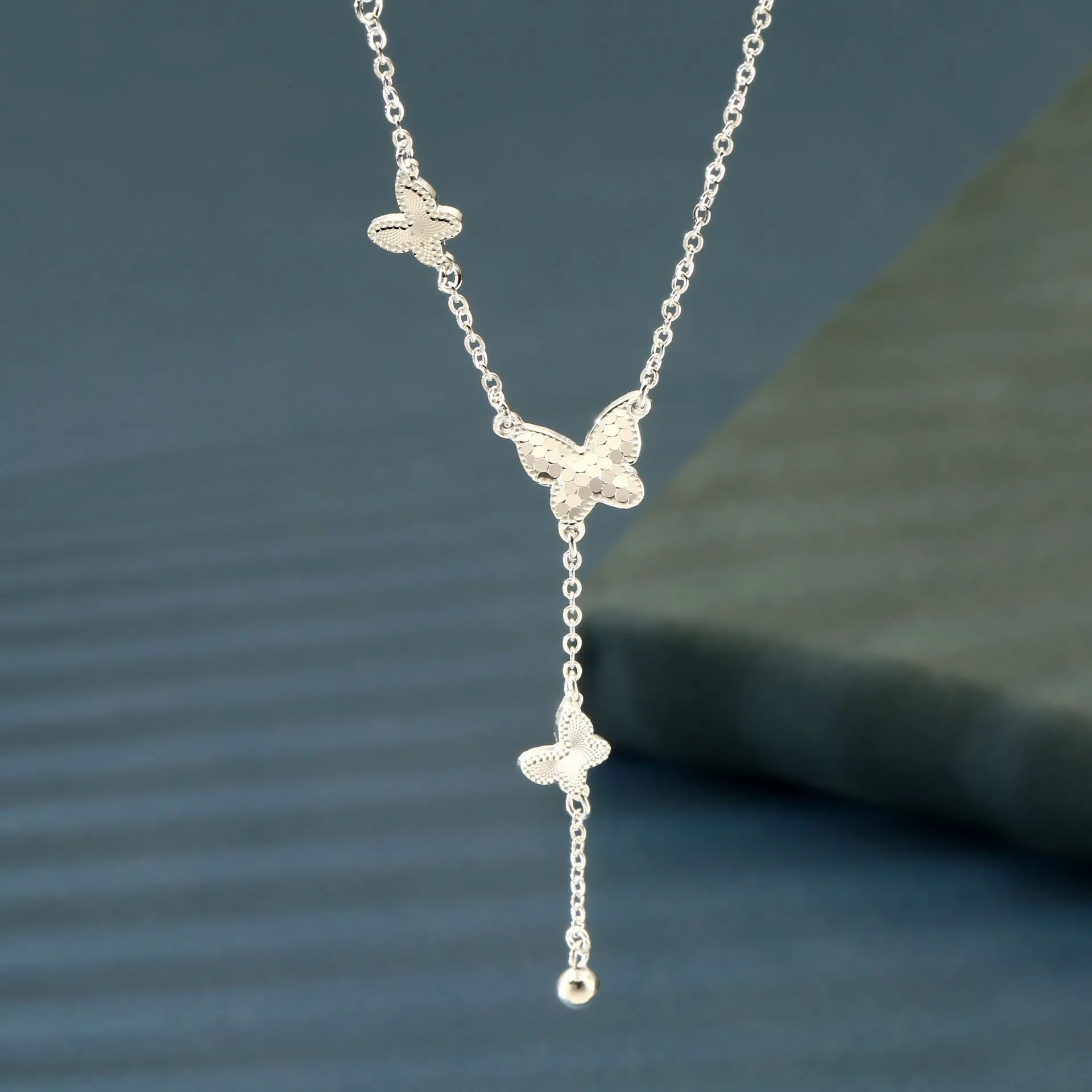 8310足银999.9碎冰冰3个蝴蝶流苏项链女小众锁骨国风项链直播爆款