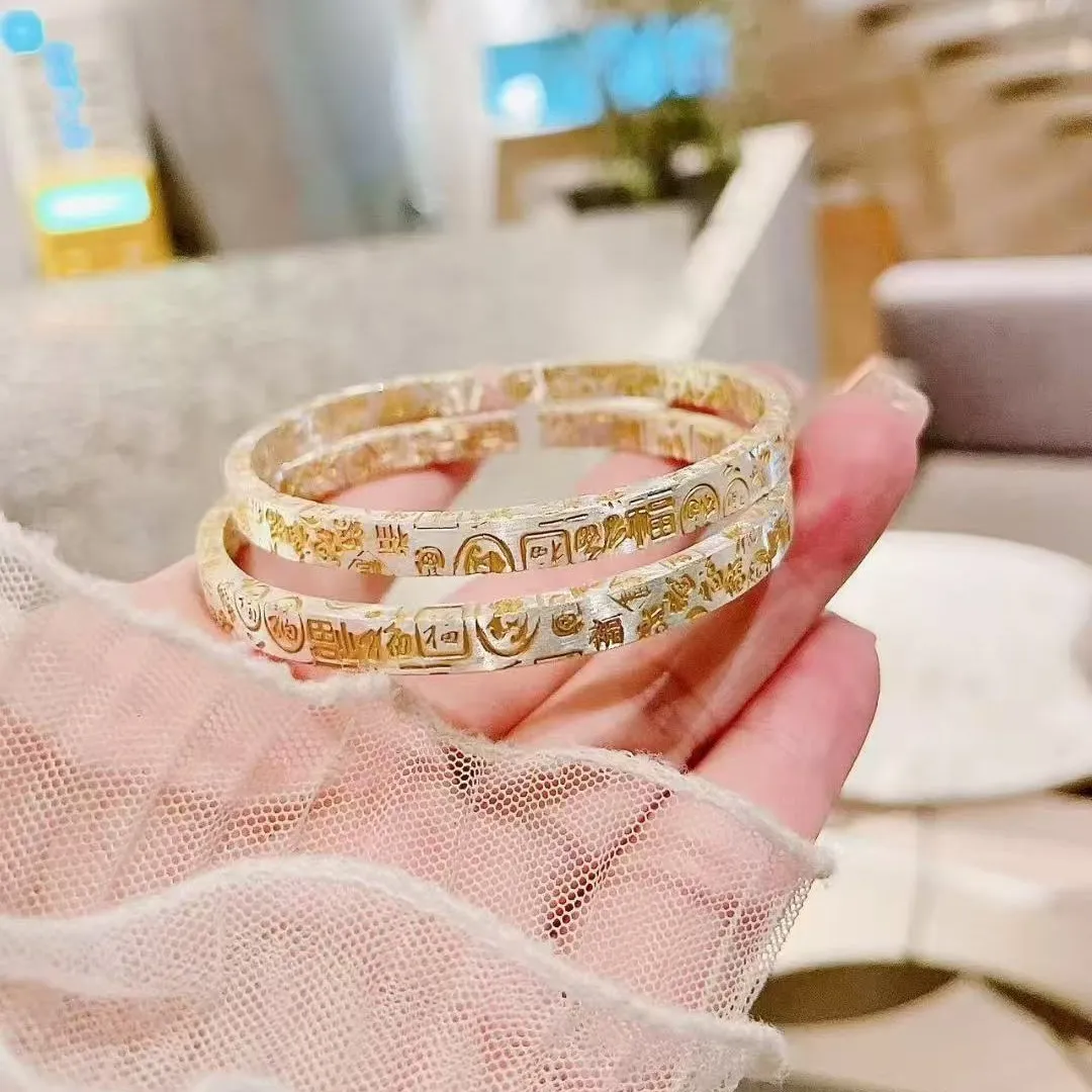 6807号 足银999.9 描金百福开口手镯纯银年轻款实心开口手镯直