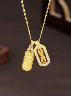 6581号足银990古法金色貔貅金刚杵项链韦雪同款招财锁骨链叠戴坠