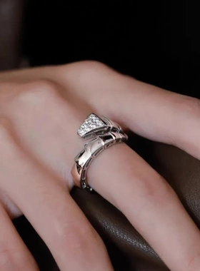 纯银990高定镶钻银色蛇戒指女高级感小众设计感轻奢开口可调节