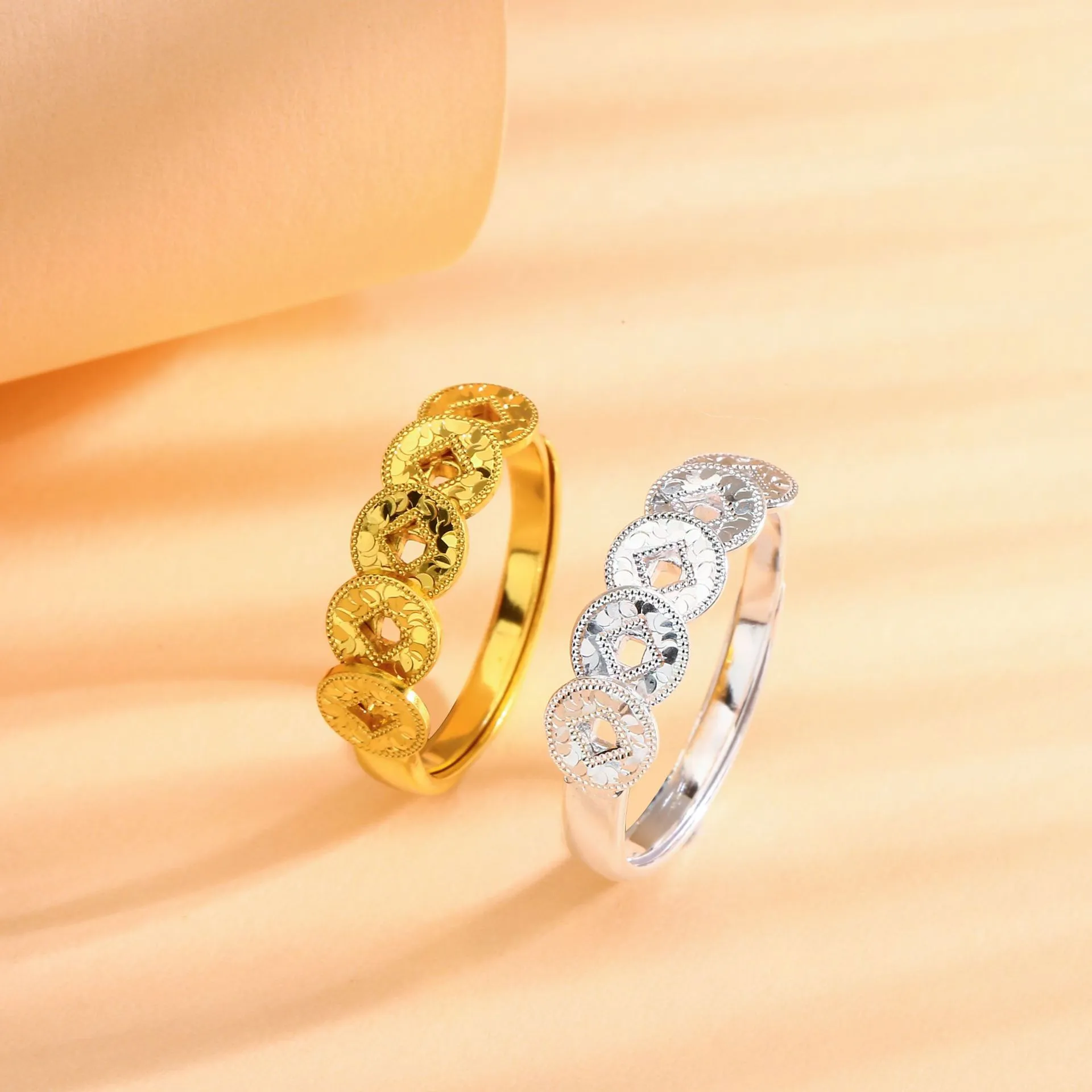 中国金铺足银9999五帝钱碎冰冰金戒指百搭钱币纯银男女指环送礼物