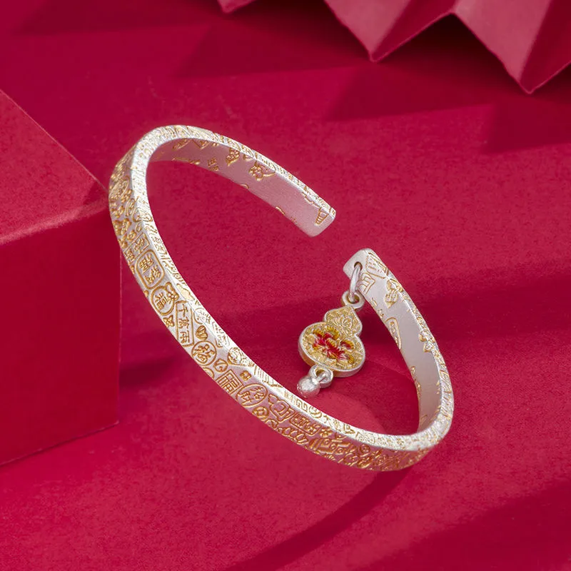 7123号足银999.9葫芦送福描金银手镯珐琅彩福禄纯银手镯直播爆款