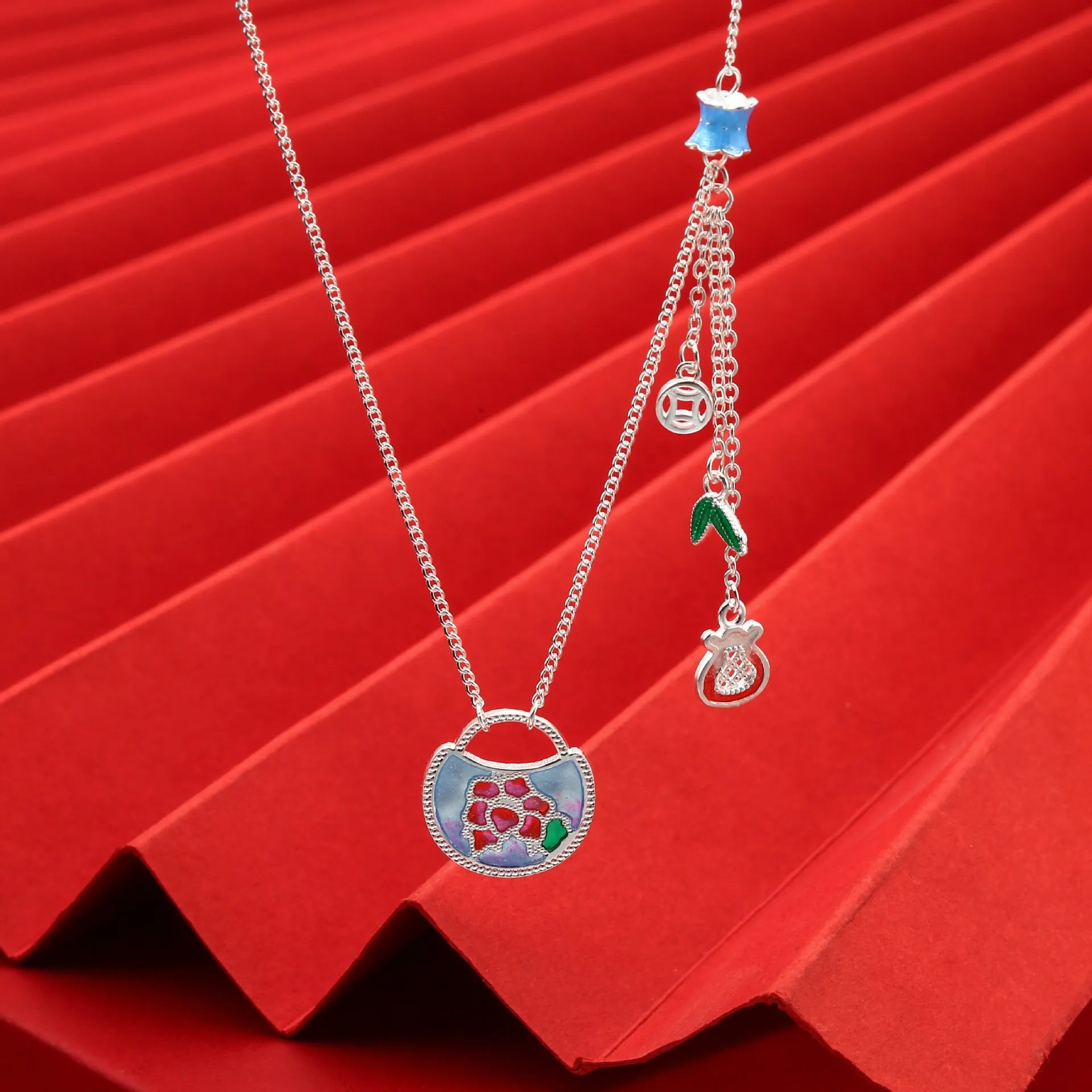 6568号足银999.9珐琅荷花如意锁苏项链女新中式轻奢百搭直播爆款