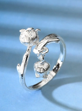 8198号 足银990开口花丝双铃兰花戒指时尚简约蝴蝶直播引流爆款