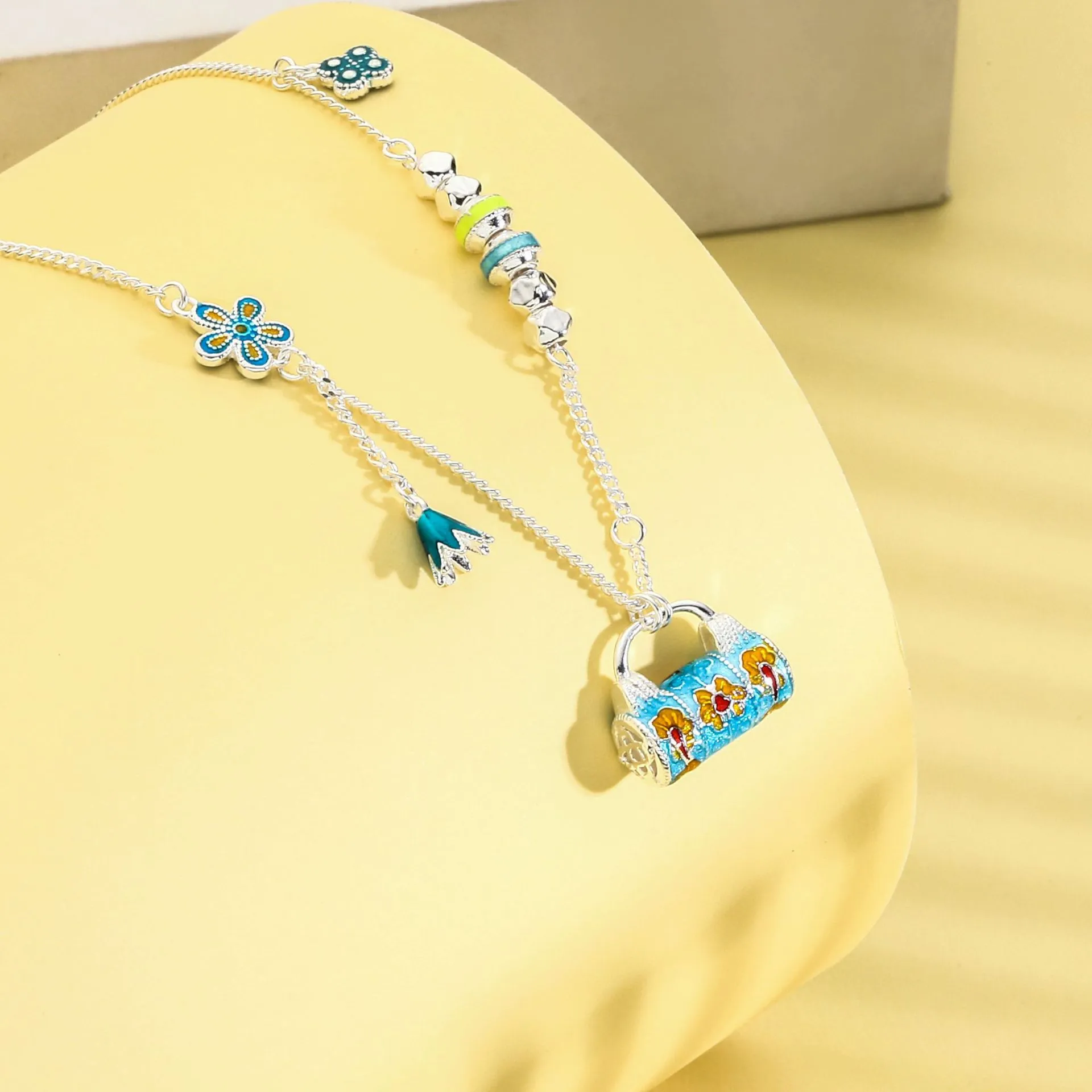 6554足银990珐琅滴油包包项链精致珐琅项坠配饰百搭新中式