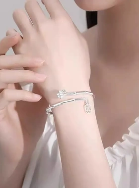 竹节银手镯女纯银999年轻款竹报平安足银手环送女友礼物小众银饰