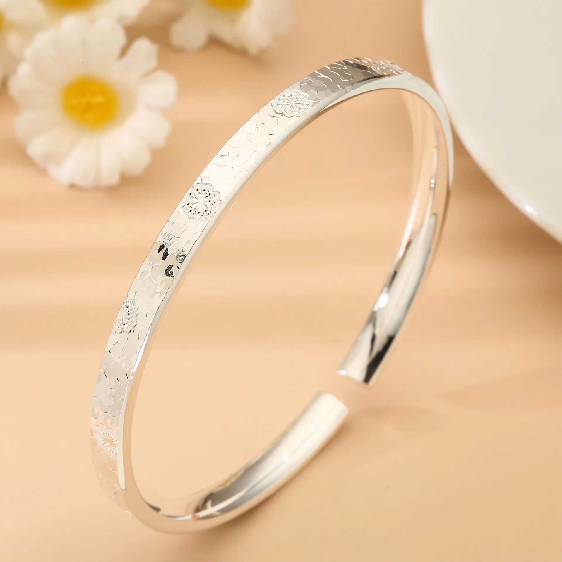 中国金铺足银9999纯银开口碎冰冰樱花手镯气质民族风实心百搭手环
