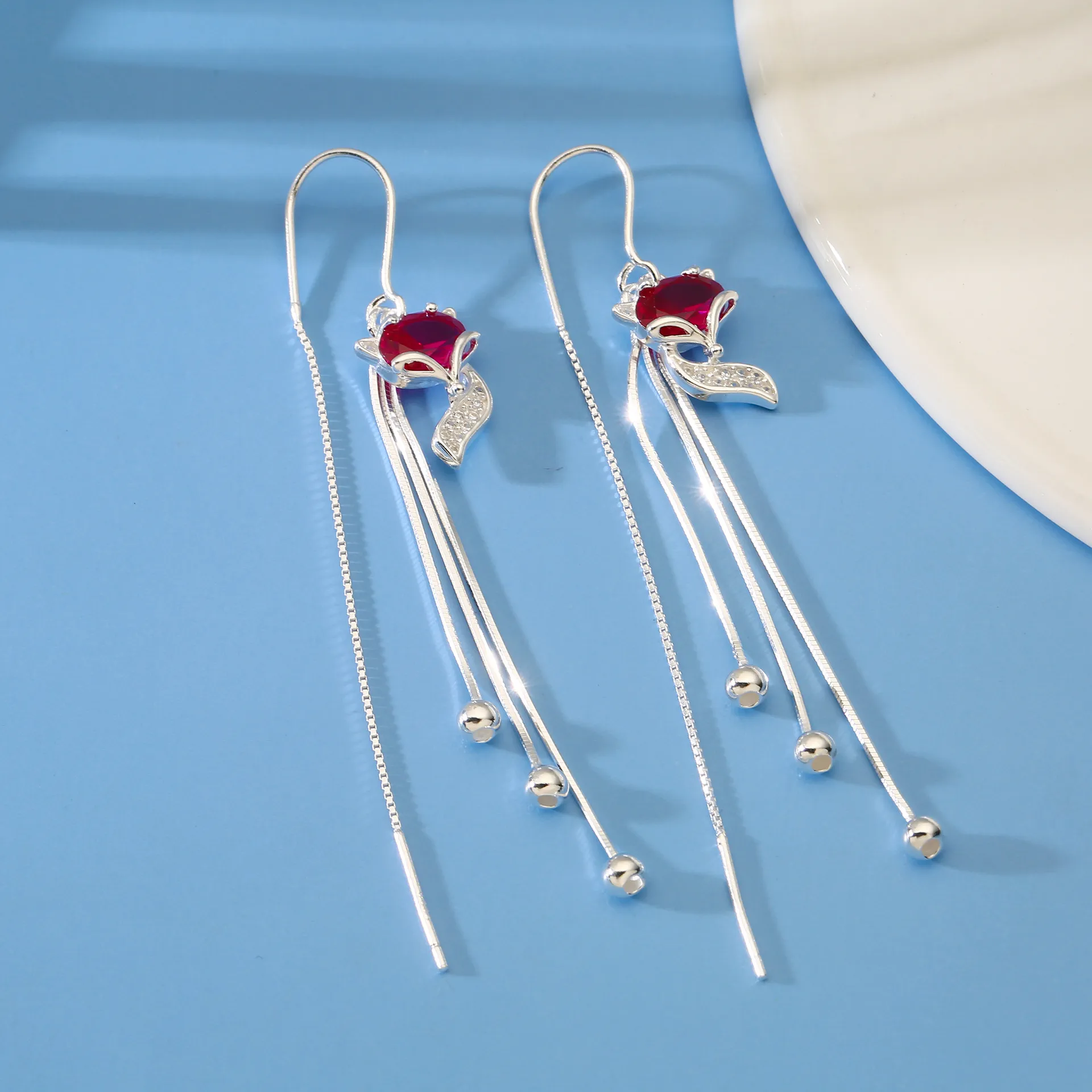 8538号99纯银防丢狐狸流苏耳环秋冬小众设计新款红色耳环直播爆款