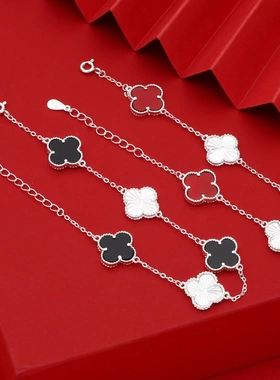 7707号足银990车花镭射玛瑙四叶草手链红色黑色银幸运草直播爆款