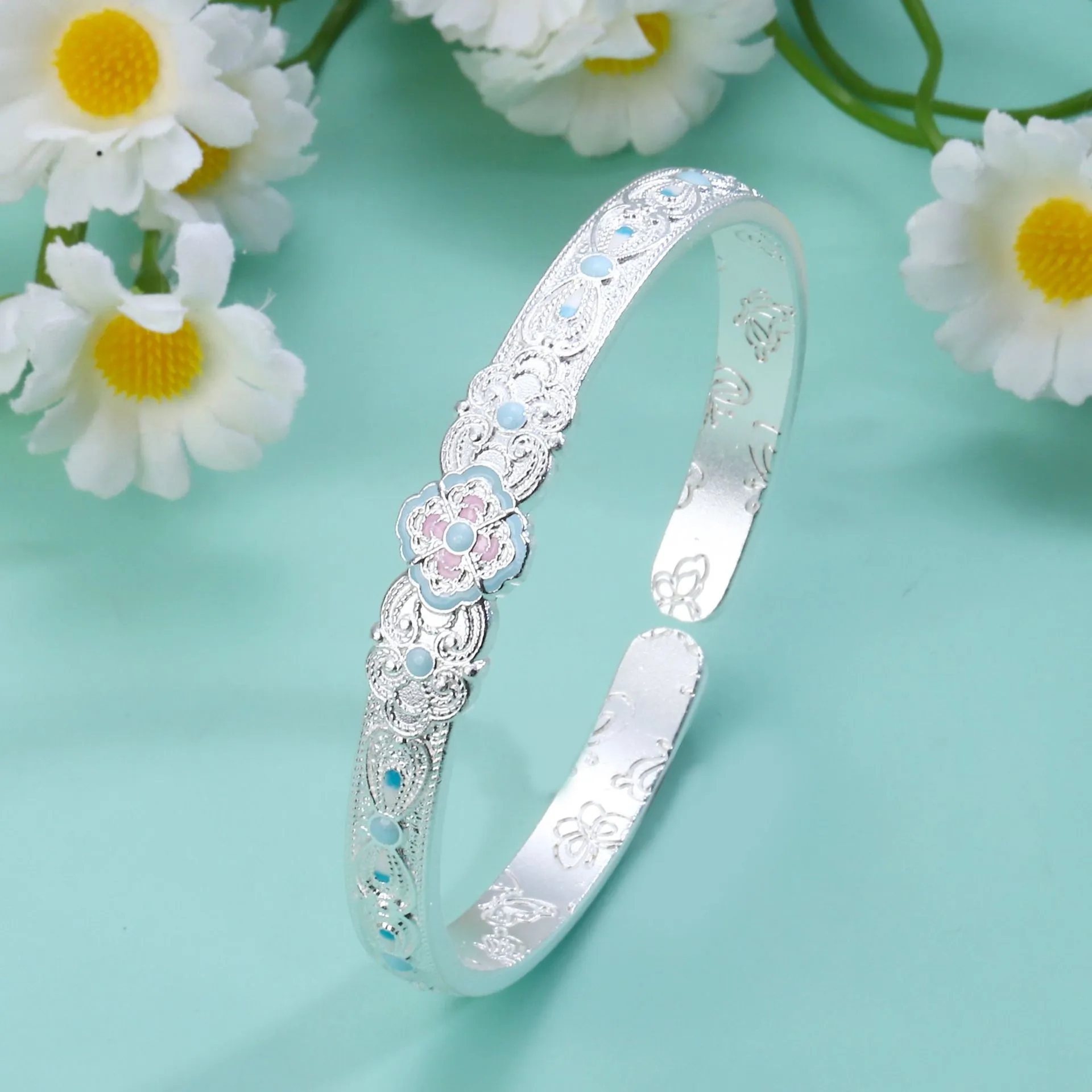 足银999.9宫廷系列珐琅彩四叶草白兰手镯国潮风直播爆款