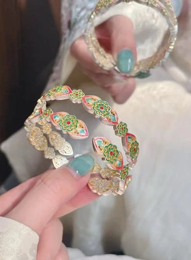 7577号足银999.9新中式描金宝相花手镯国潮风百搭轻奢复古国潮礼