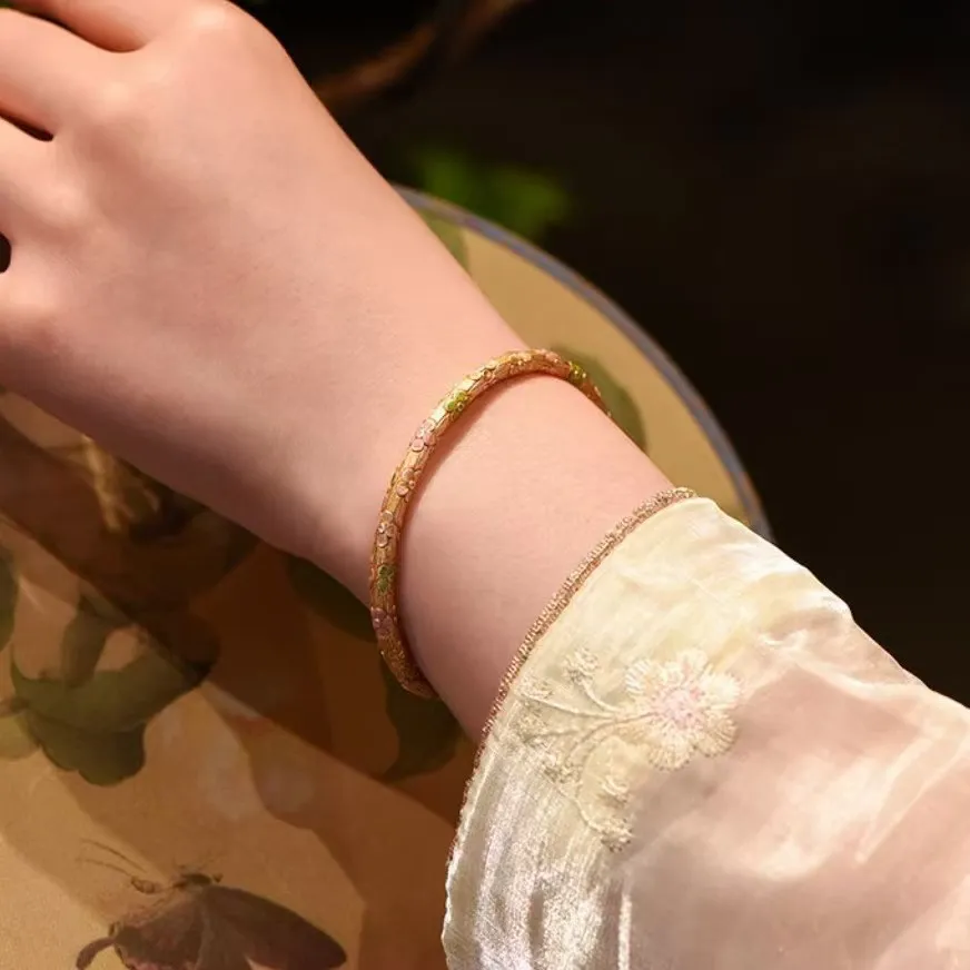 中国金铺9999足银手镯描金珐琅彩桃花纯银镯子国潮风时尚手环送礼