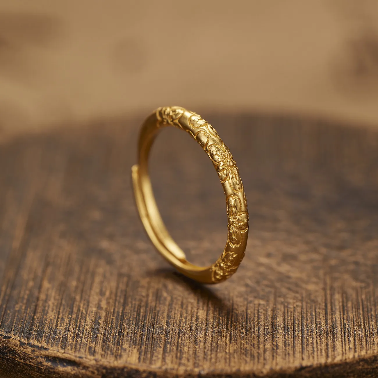 足银990古法金紫荆花卷草纹金色樱花戒指小众设计网红爆款指环