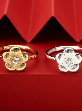 7875号足银990中古风拉丝花朵镶钻开口戒指个性工厂直销直播爆款