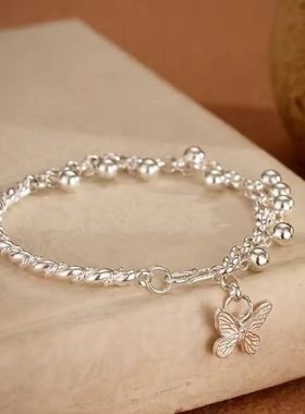 99足银手镯手链女款小圆球蝴蝶原创手工纯银手链子直播爆款