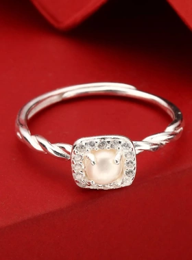 7892号足银990天然珍珠镶钻方糖蝴蝶戒指新中式精致百搭直播爆款
