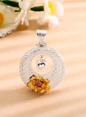 8642号足银990花丝金色牡丹吊珠平安扣吊坠平安掐丝手工直播爆款