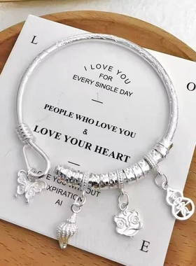 银手镯女9999 纯银醒狮蝴蝶海螺新中式国风生日礼物盘缠足银镯子