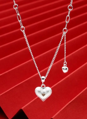 7405号足银990拉丝爱心流苏项链简约新款百搭轻奢小众设计锁骨链