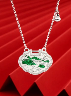6875号足银990珐琅平安锁山盟海誓项链女气质百搭吊坠项链送女友